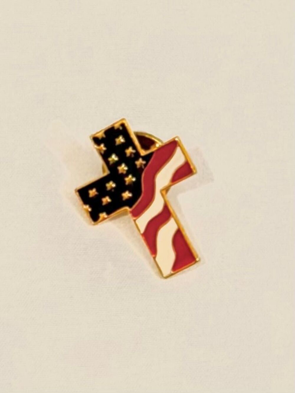 American Flag Cross Lapel Pin Gold Tone Enamel Patriotic Christian